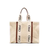 chloé sac cabas woody médium en peau lainée - tons neutres