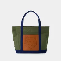 tote bag classique fox head pocket - maison kitsune - toile - vert militaire