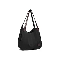 kono sac à main en toile pour femme - style vintage - plusieurs poches - avec poignée supérieure - pour le shopping, le travail, l'école, les voyages, le quotidien, noir, l