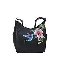 anuschka sac à main en cuir véritable pour femme | hobo classique avec poche latérale, colibri noir, taille unique