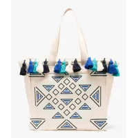sac cabas en toile avec pompons, franges et motifs géométriques