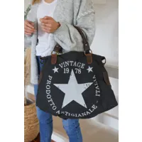 sac à main gris anthracite en coton et anses en cuir logo étoile vintage